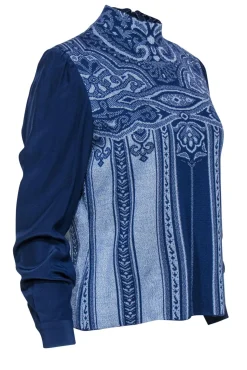 St. John - Blue Printed Long Sleeve Mock Neck Sweater Sz M