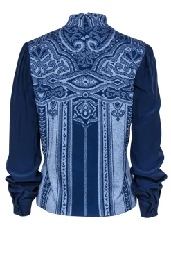 St. John - Blue Printed Long Sleeve Mock Neck Sweater Sz M