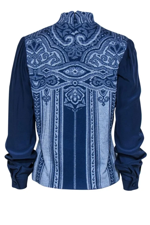 St. John - Blue Printed Long Sleeve Mock Neck Sweater Sz M