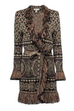 St. John - Brown & Tan Ornate Pattern Longline Cardigan Sz S