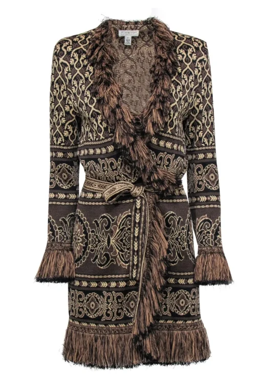 St. John - Brown & Tan Ornate Pattern Longline Cardigan Sz S