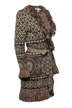 St. John - Brown & Tan Ornate Pattern Longline Cardigan Sz S