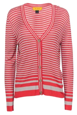 St. John - Coral & Beige Striped Button-Up Cardigan Sz M