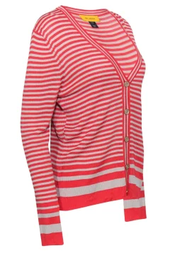St. John - Coral & Beige Striped Button-Up Cardigan Sz M