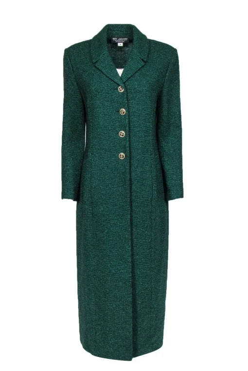 St. John - Emerald Green Sparkly Knit Button Front Longline Coat Sz 12