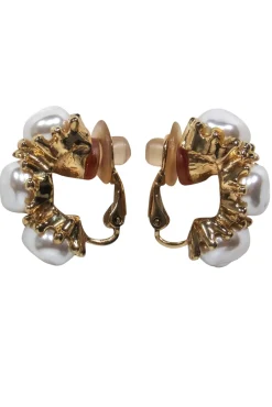 St. John - Gold & Faux Pearl Clip-On Hoop Earrings