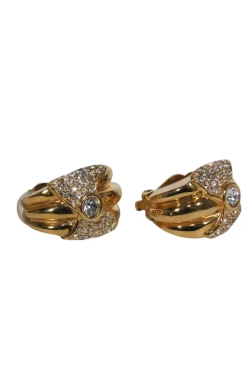 St. John - Gold Clip-On Earrings w/ Crystal Embellished Bow Design
