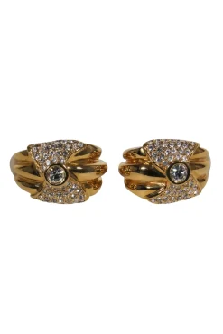 St. John - Gold Clip-On Earrings w/ Crystal Embellished Bow Design