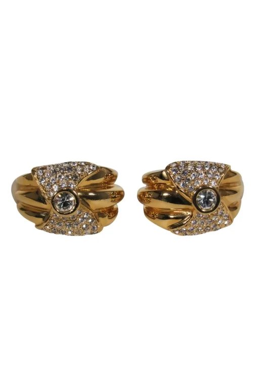 St. John - Gold Clip-On Earrings w/ Crystal Embellished Bow Design