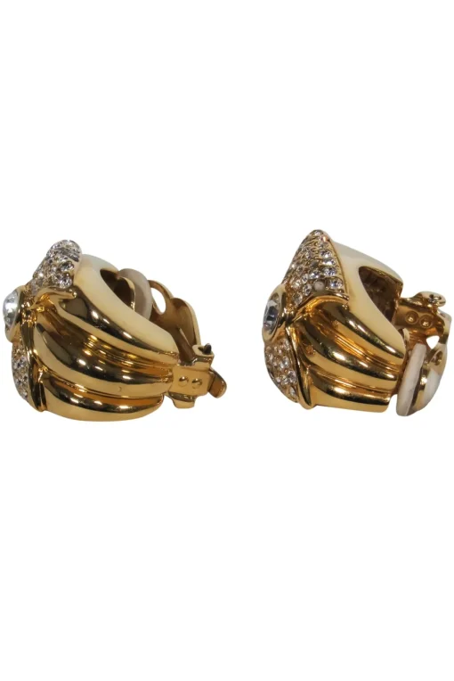 St. John - Gold Clip-On Earrings w/ Crystal Embellished Bow Design
