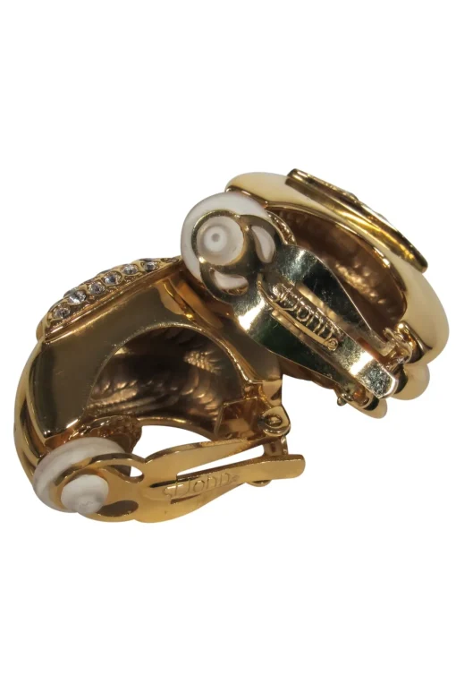 St. John - Gold Clip-On Earrings w/ Crystal Embellished Bow Design