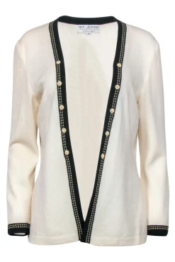 St. John - Ivory Open Front Knit Cardigan w/ Black Trim & Faux Buttons Sz 8
