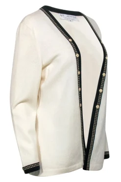 St. John - Ivory Open Front Knit Cardigan w/ Black Trim & Faux Buttons Sz 8