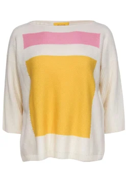 St. John - Ivory, Pink & Yellow Textured Cropped-Sleeve Wool Sweater Sz M