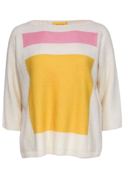 St. John - Ivory, Pink & Yellow Textured Cropped-Sleeve Wool Sweater Sz M
