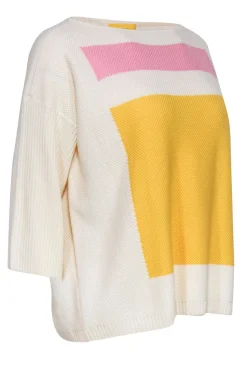 St. John - Ivory, Pink & Yellow Textured Cropped-Sleeve Wool Sweater Sz M