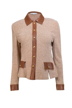 St. John - Light Brown & Tan Wool Blend Jacket w/ Leather Trim Sz 4