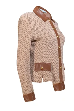 St. John - Light Brown & Tan Wool Blend Jacket w/ Leather Trim Sz 4