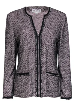 St. John - Light Pink & Black Knit Zip-Up Blazer w/ Fringed Trim Sz 8