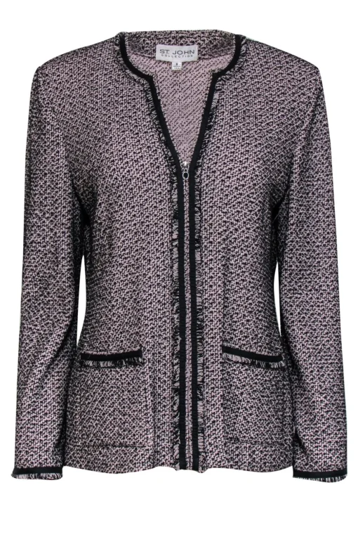 St. John - Light Pink & Black Knit Zip-Up Blazer w/ Fringed Trim Sz 8