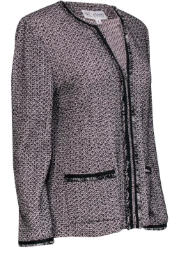 St. John - Light Pink & Black Knit Zip-Up Blazer w/ Fringed Trim Sz 8