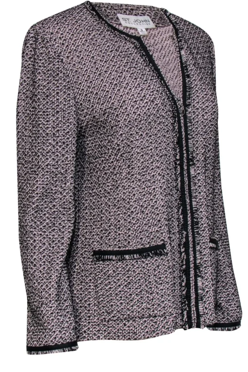 St. John - Light Pink & Black Knit Zip-Up Blazer w/ Fringed Trim Sz 8