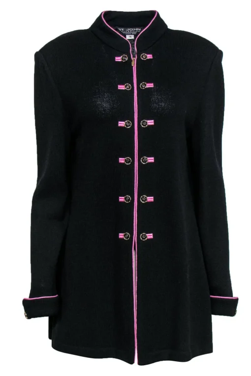 St. John - Long Black Knit Sweater w/ Decorative Buttons Sz 14