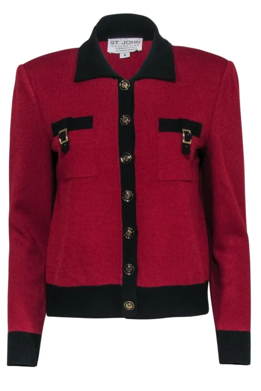 St. John - Maroon Cardigan w/ Black Contrast Trim Sz 4