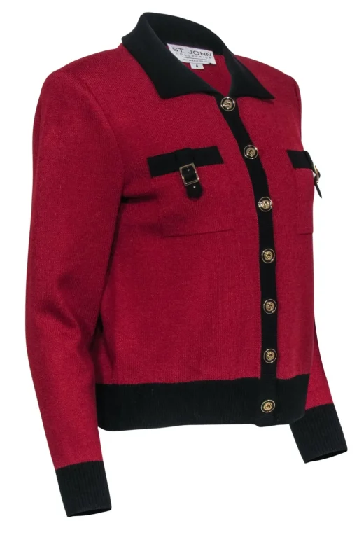 St. John - Maroon Cardigan w/ Black Contrast Trim Sz 4