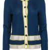 St. John - Navy Knit Button-Up Cardigan w/ Cream & Neon Green Trim Sz M