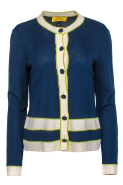 St. John - Navy Knit Button-Up Cardigan w/ Cream & Neon Green Trim Sz M