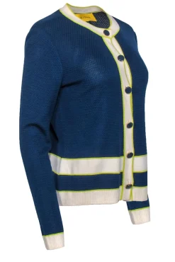 St. John - Navy Knit Button-Up Cardigan w/ Cream & Neon Green Trim Sz M