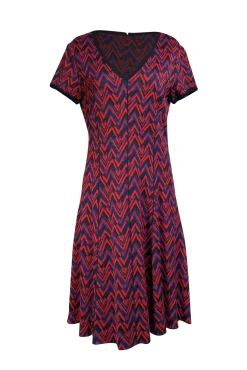 St. John - Navy, Red, & Blue Patterned Knit Short Sleeve Dress Sz 10