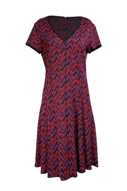 St. John - Navy, Red, & Blue Patterned Knit Short Sleeve Dress Sz 10