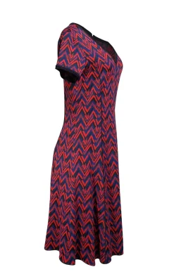 St. John - Navy, Red, & Blue Patterned Knit Short Sleeve Dress Sz 10