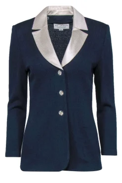 St. John - Navy Sequined Blazer w/ Removable White Collar & Rhinestones Sz 2