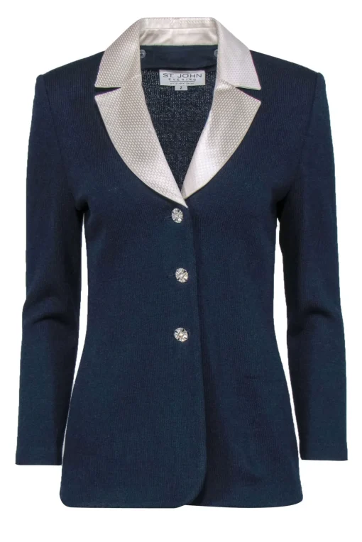 St. John - Navy Sequined Blazer w/ Removable White Collar & Rhinestones Sz 2