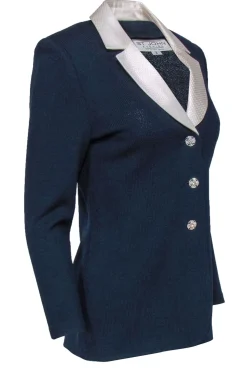 St. John - Navy Sequined Blazer w/ Removable White Collar & Rhinestones Sz 2