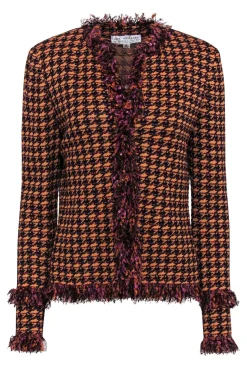 St. John - Orange & Purple Houndstooth Fringed Knit Jacket Sz 10