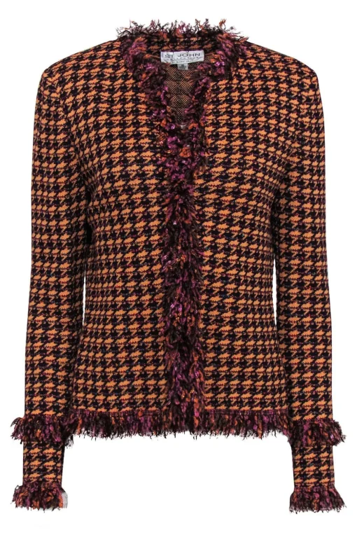 St. John - Orange & Purple Houndstooth Fringed Knit Jacket Sz 10