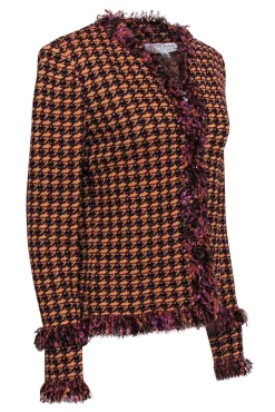 St. John - Orange & Purple Houndstooth Fringed Knit Jacket Sz 10