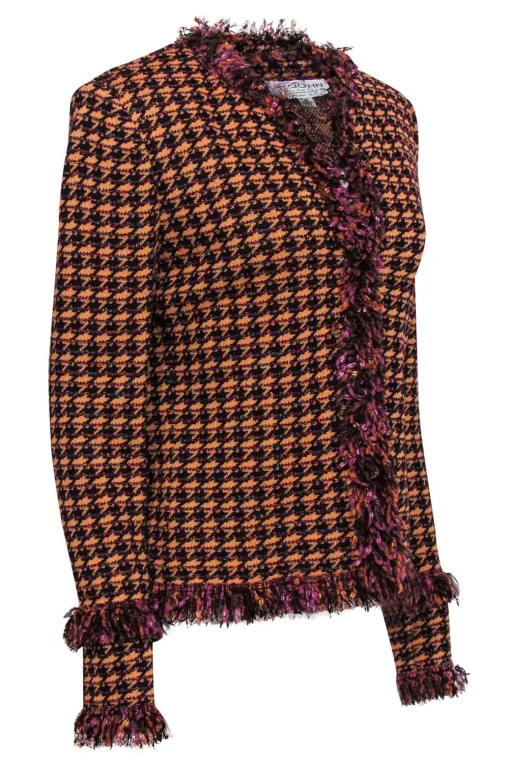 St. John - Orange & Purple Houndstooth Fringed Knit Jacket Sz 10