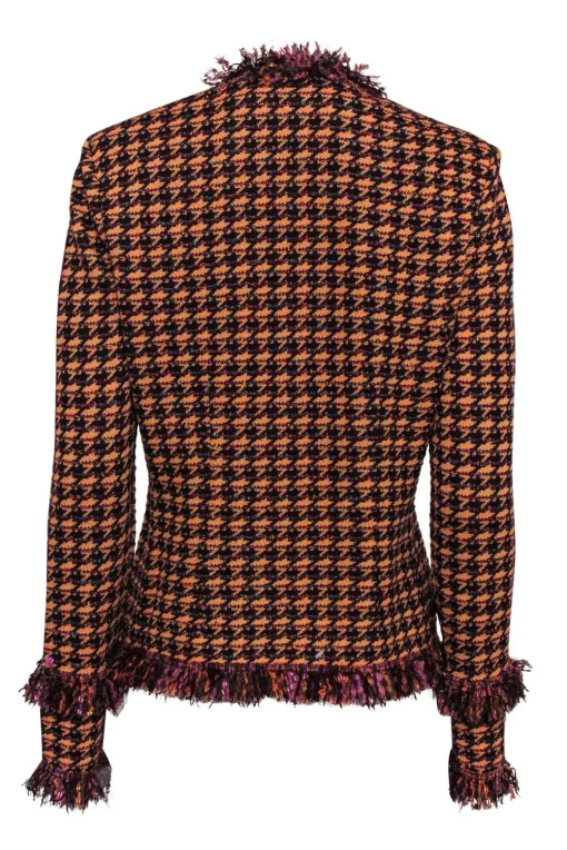 St. John - Orange & Purple Houndstooth Fringed Knit Jacket Sz 10
