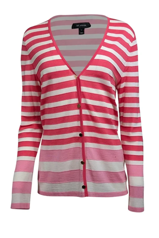 St. John - Pink & White Stripe Button Front Cardigan Sz M