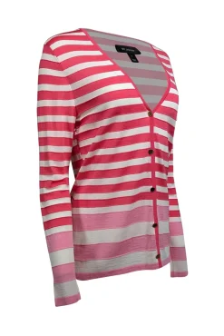 St. John - Pink & White Stripe Button Front Cardigan Sz M