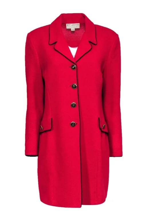 St. John - Red Knit Longline Coat w/ Black Piping Sz 12