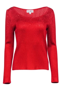 St. John - Red Knit Rhinestone Scoop Neck Sweater Sz M