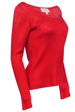 St. John - Red Knit Rhinestone Scoop Neck Sweater Sz M