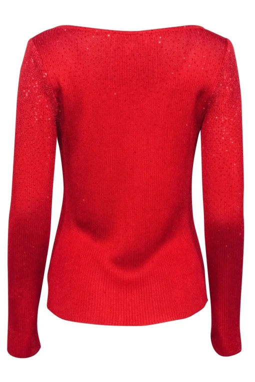 St. John - Red Knit Rhinestone Scoop Neck Sweater Sz M