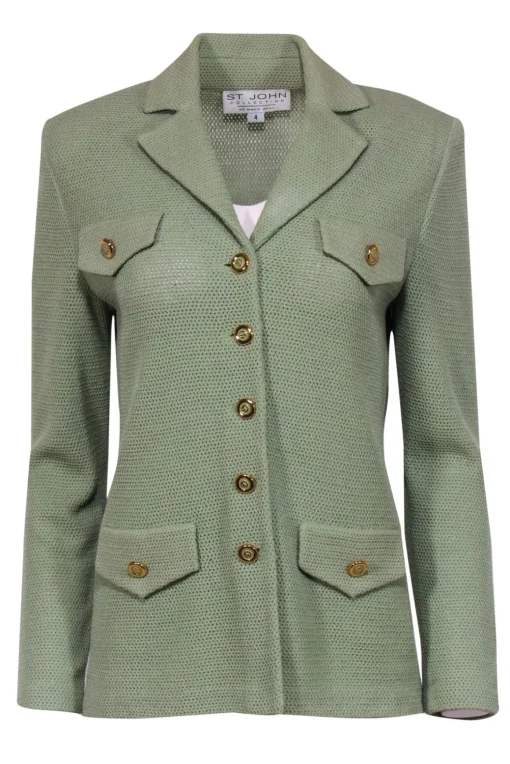 St. John - Sage Green Woven Knit Golden-Button Jacket Sz 4